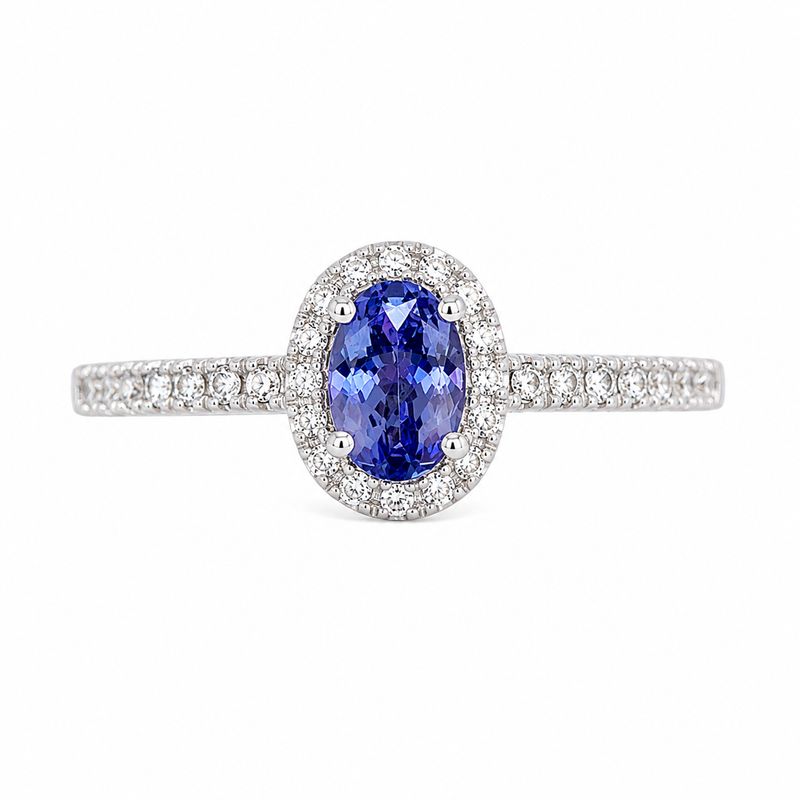 14K Gold Natural Tanzanite & Diamond Halo Ring