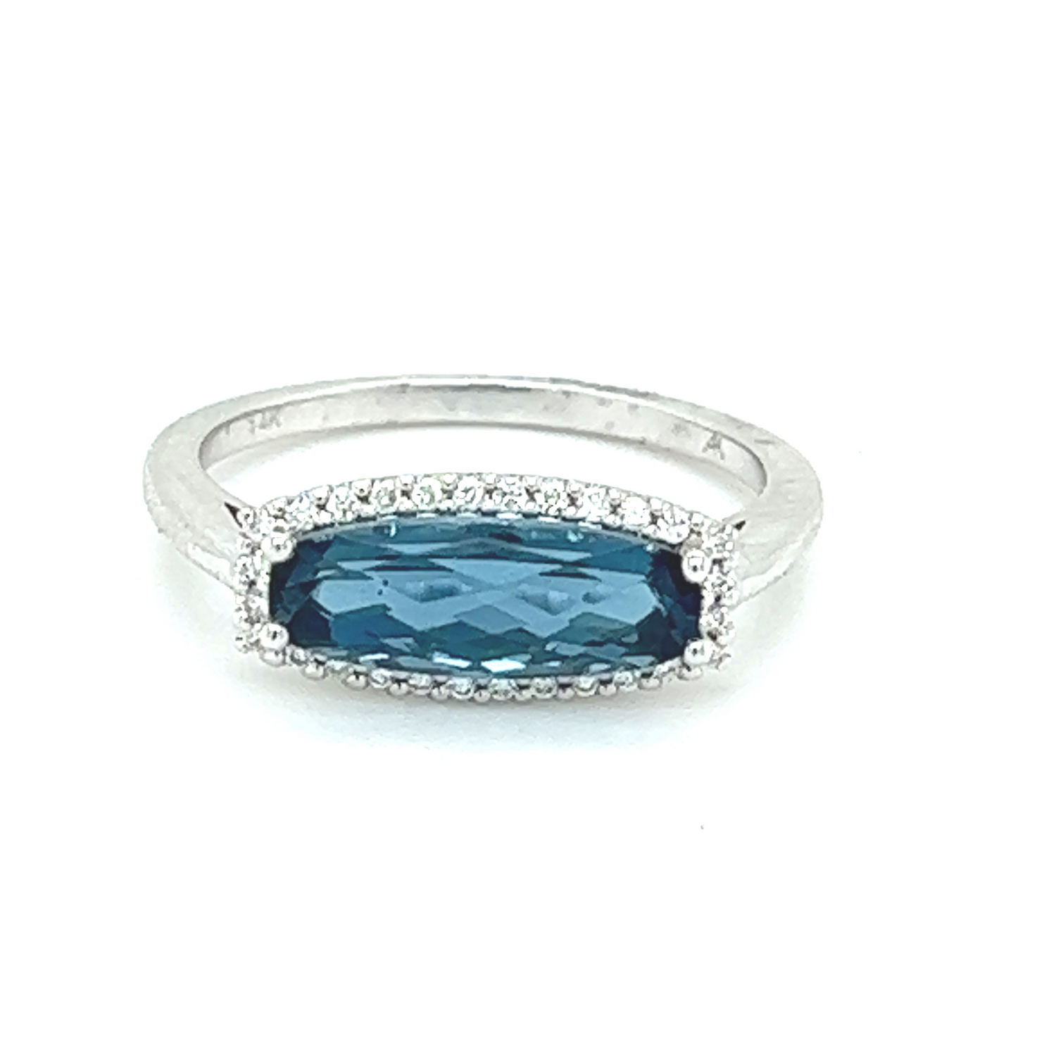 14K White Gold East-West London Blue Topaz & Diamond Halo Ring