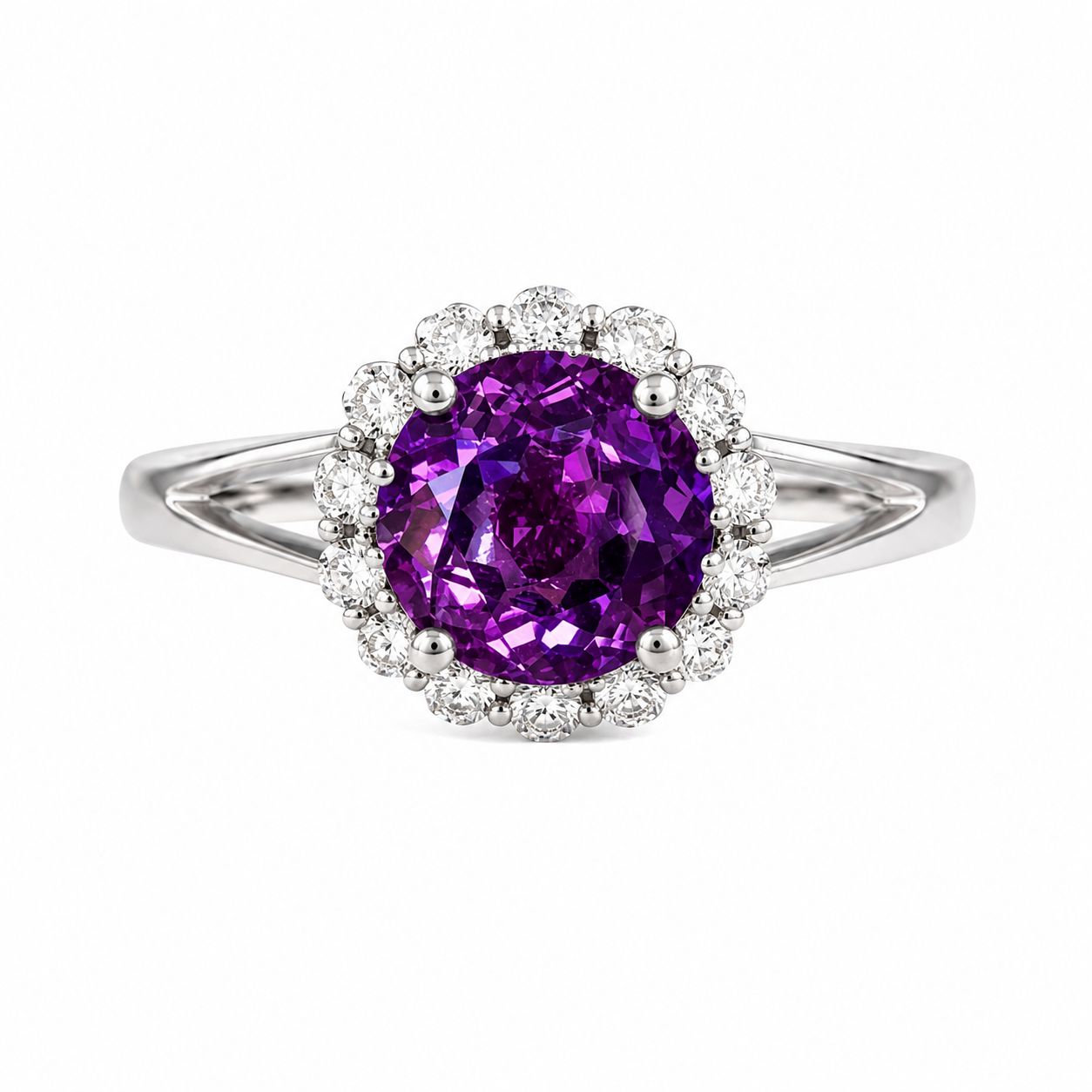 14K White Gold Amethyst & Diamond Halo Ring 14K White Gold Amethyst & Diamond Halo Ring