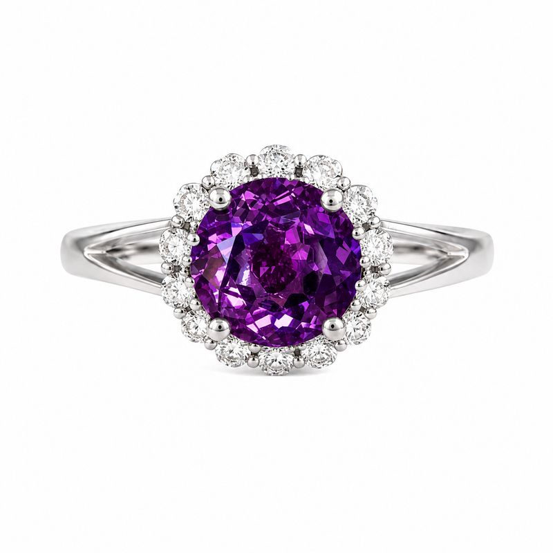 14K White Gold Amethyst & Diamond Halo Ring