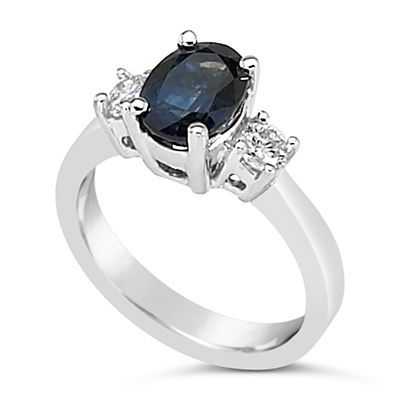 14K White Gold Three Stone Sapphire & Diamond