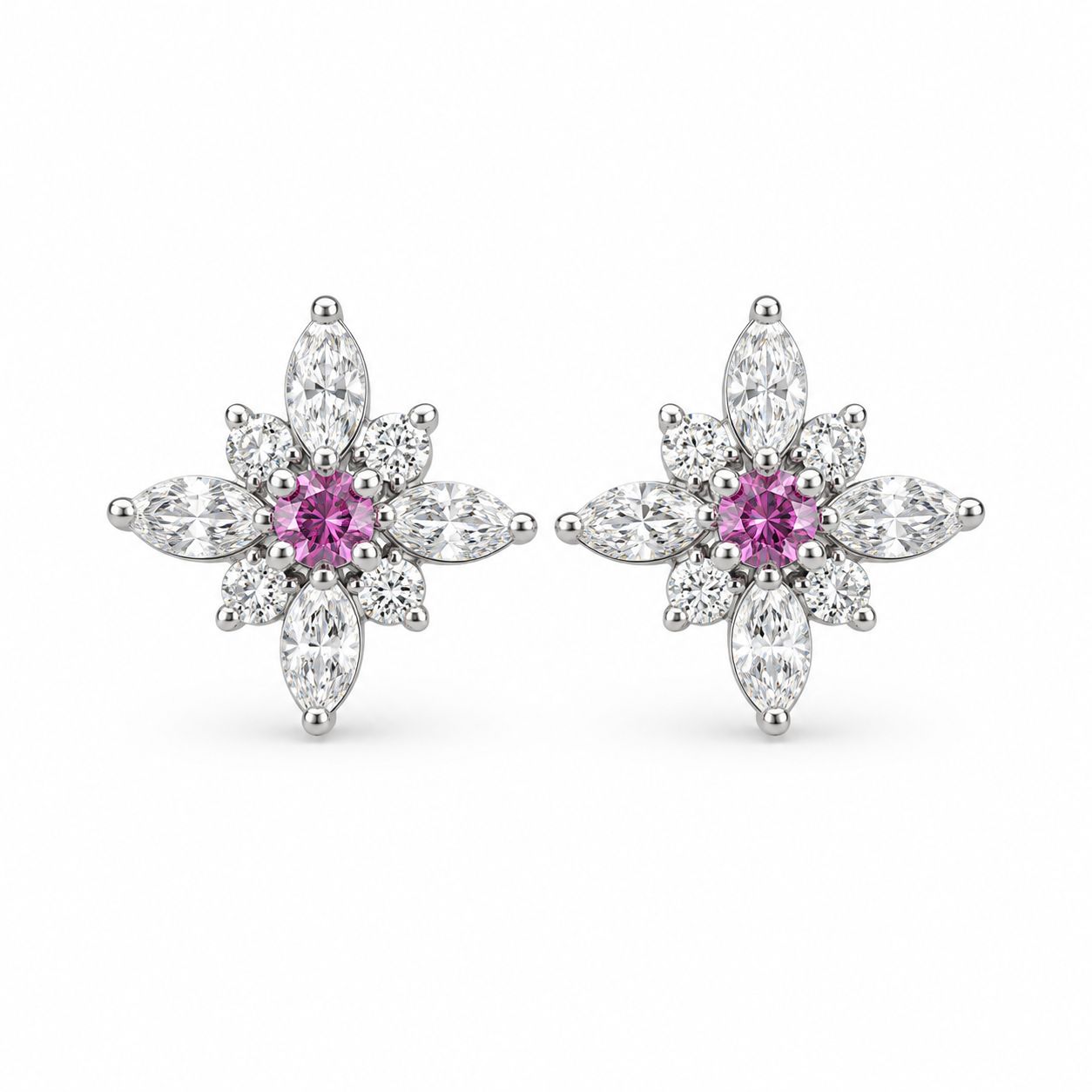 14K White Gold Pink Sapphire & Diamond Floral Snowflake Stud Earrings 14K White Gold Pink Sapphire & Diamond Floral Snowflake Stud Earrings