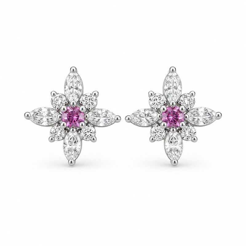 14K White Gold Pink Sapphire & Diamond Floral Snowflake Stud Earrings