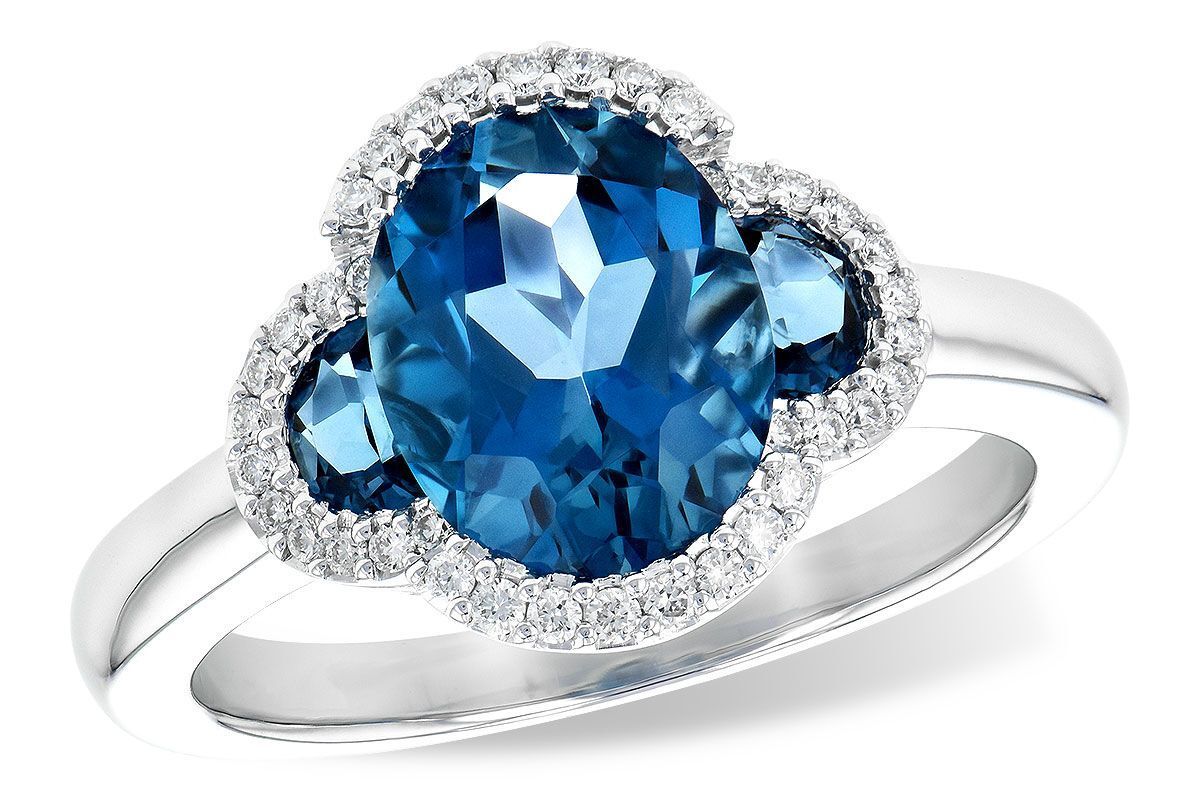 14K White Gold London Blue Topaz Three-Stone Halo Ring 14K White Gold London Blue Topaz Three-Stone Halo Ring