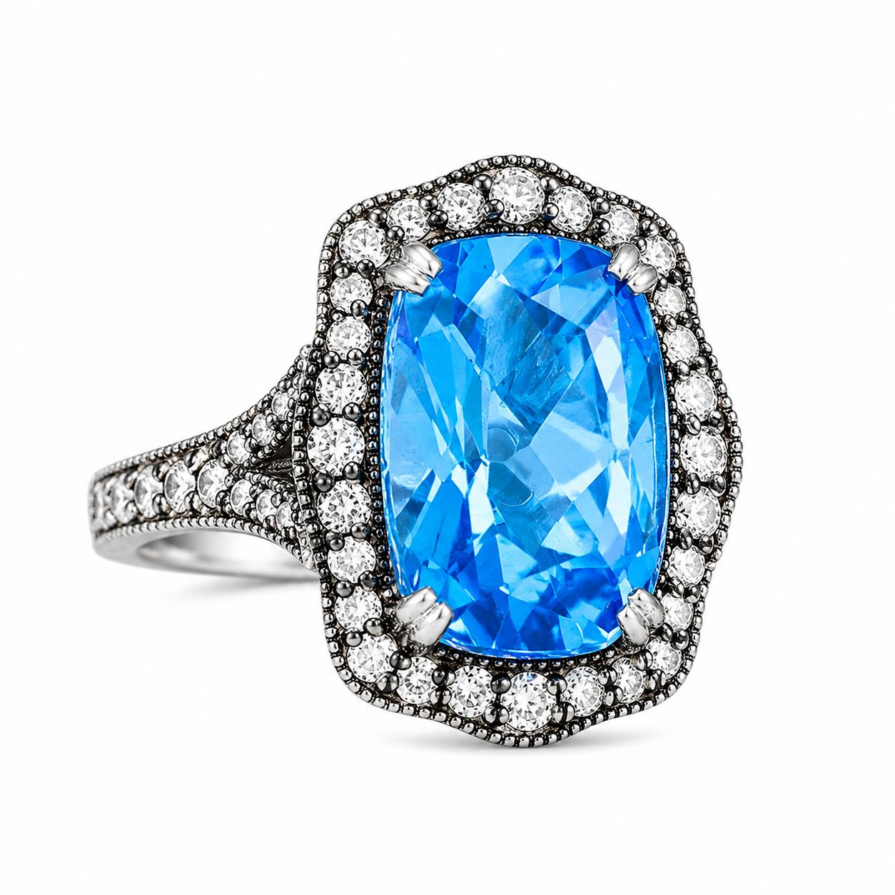 Vintage-Inspired Blue Topaz & Diamond Cocktail Ring – Antique Elegance with Bold Brilliance Vintage-Inspired Blue Topaz & Diamond Cocktail Ring – Antique Elegance with Bold Brilliance