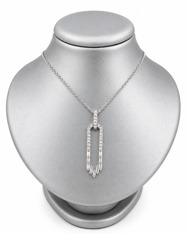 14K White Gold Natural Diamond Paperclip Pendant Necklace