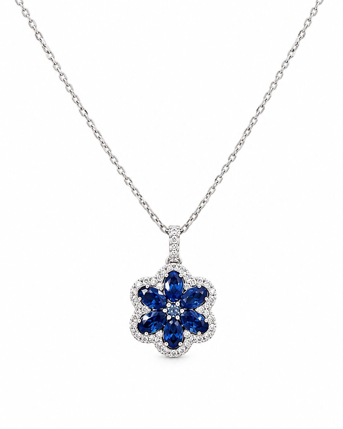 14K White Gold Natural Diamond & Blue Sapphire Floral Pendant Necklace
