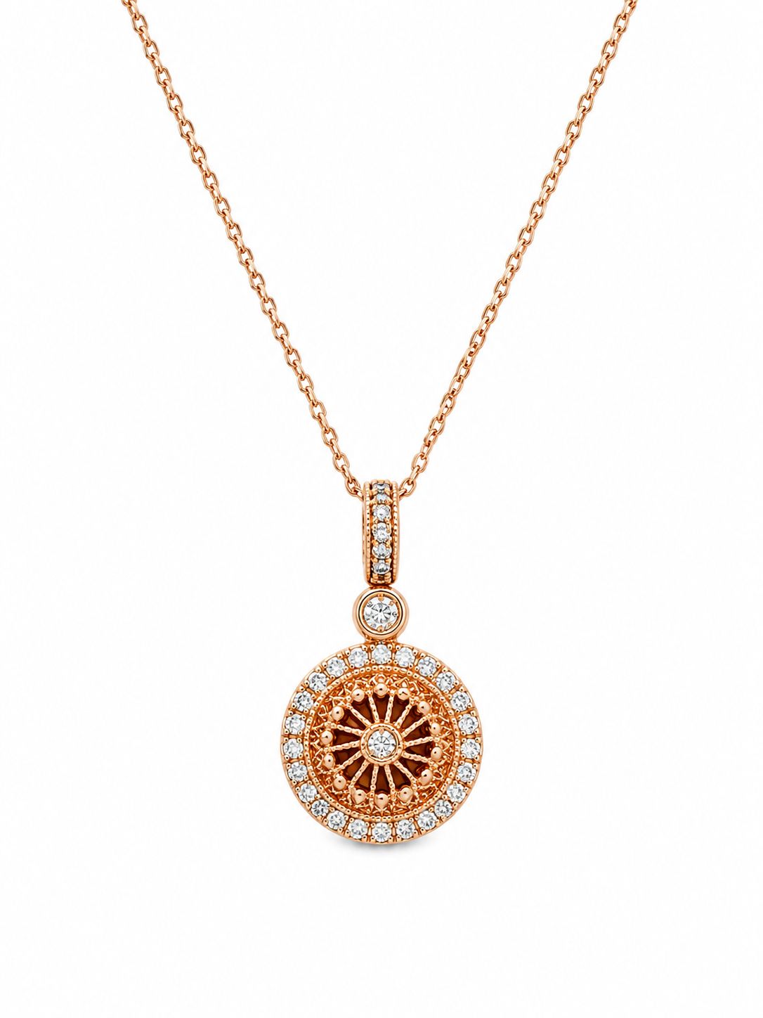 14K Rose Gold Natural Diamond Vintage Medallion Pendant Necklace