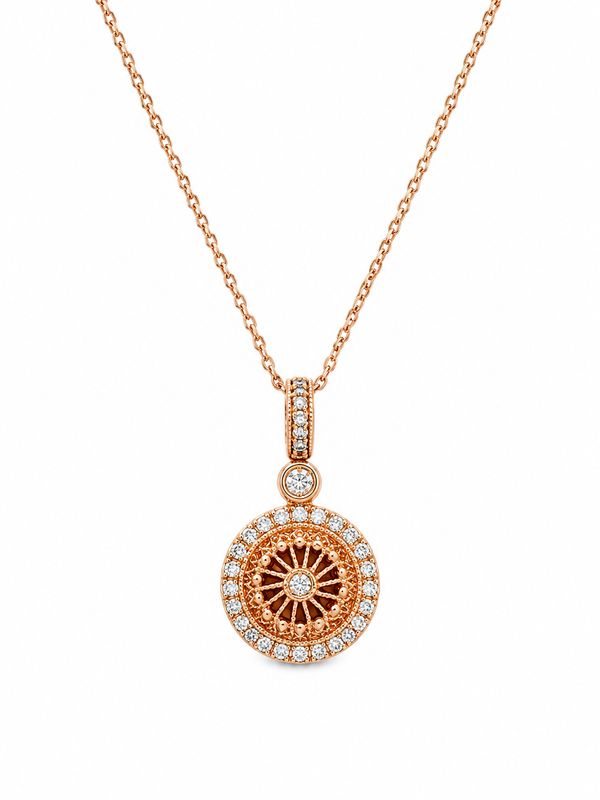 14K Rose Gold Natural Diamond Vintage Medallion Pendant Necklace