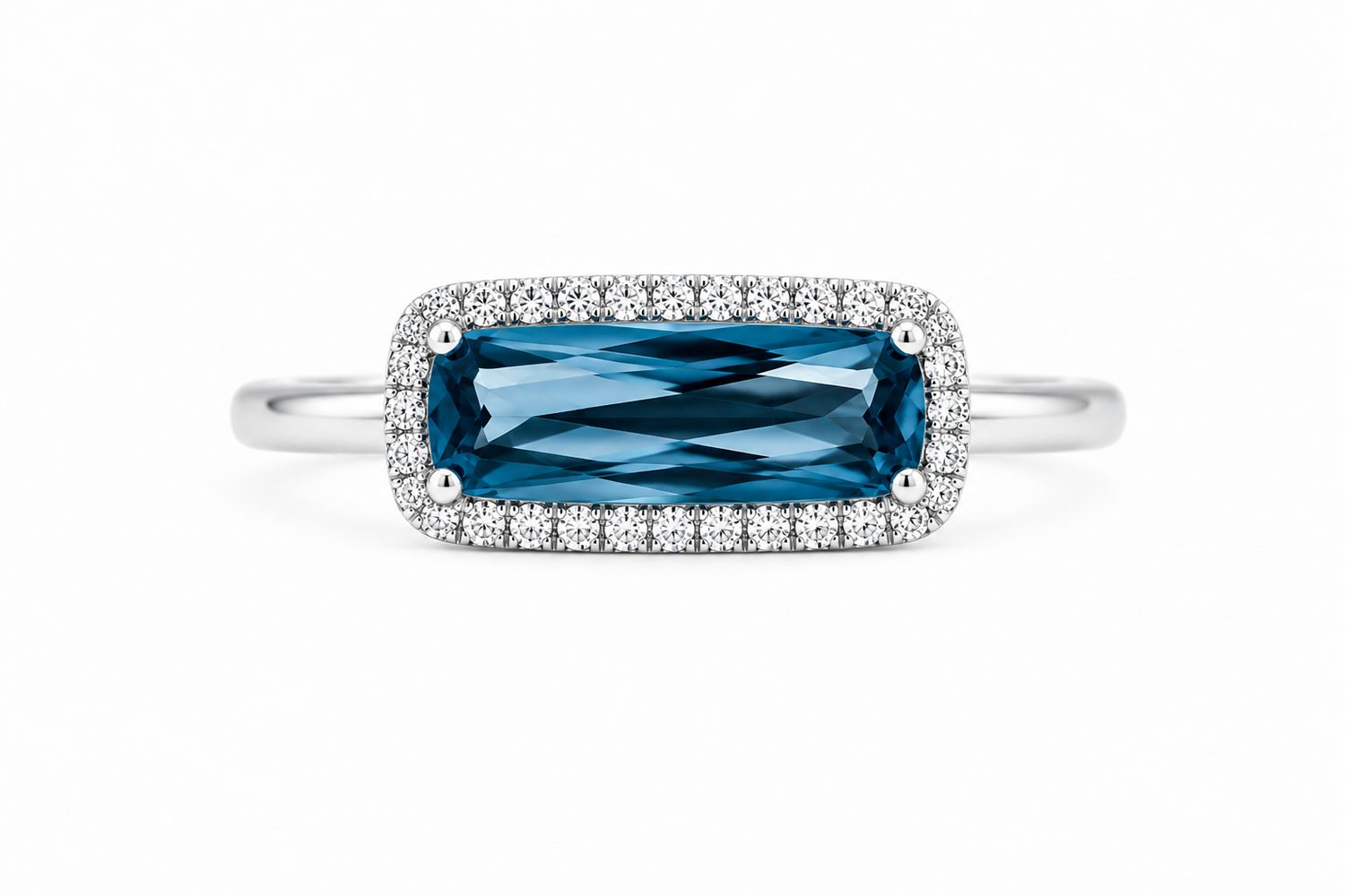 14K White Gold East-West London Blue Topaz & Diamond Halo Ring 14K White Gold East-West London Blue Topaz & Diamond Halo Ring