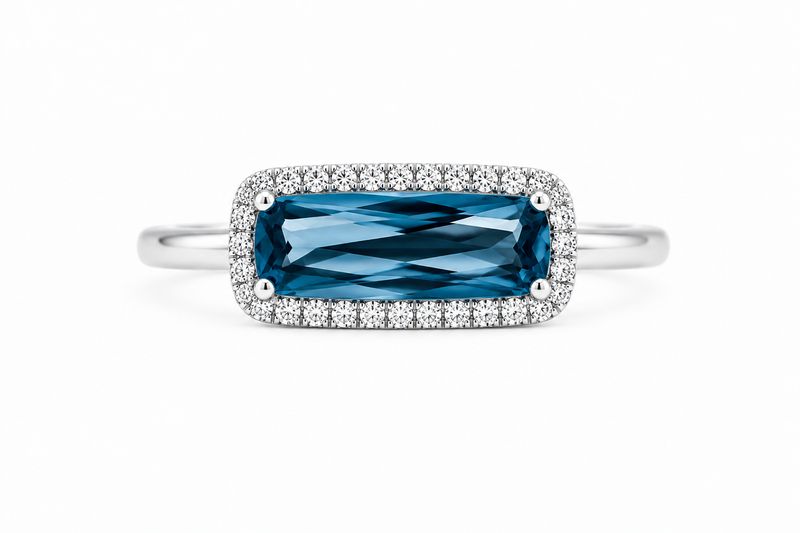 14K White Gold East-West London Blue Topaz & Diamond Halo Ring