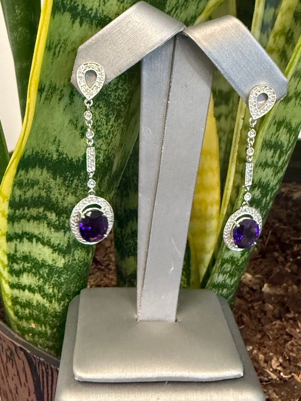 Oval Amethyst & Diamond Drop Earrings in White Gold