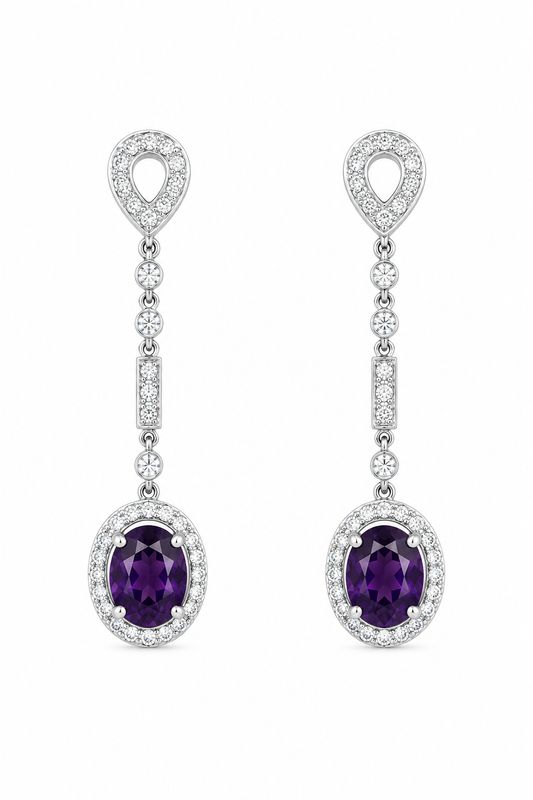 14K White Gold Amethyst & Natural Diamond Drop Earrings