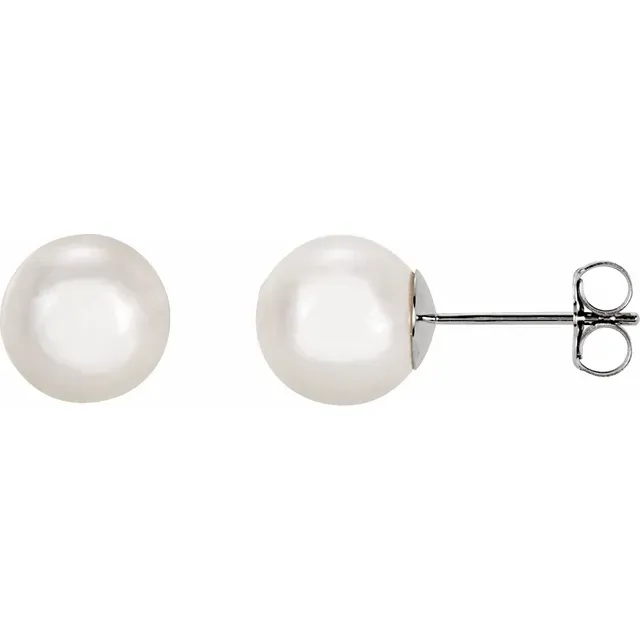 14K White Gold 8 mm Cultured White Akoya Pearl Earrings