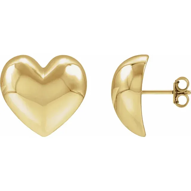 14K Yellow Gold Electroform Puffed Heart Stud Earrings