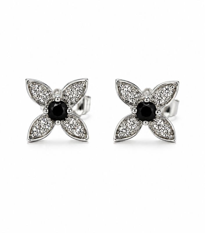 14K White Gold Sapphire & Natural Diamond Flower Stud Earrings