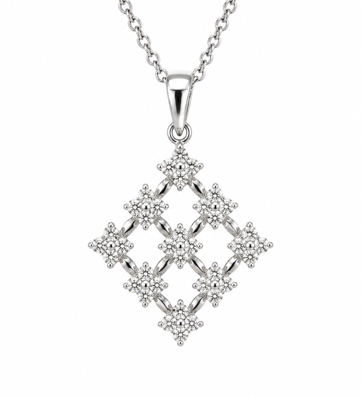 14K White Gold Natural Diamond Floral Lattice Pendant Necklace 14K White Gold Natural Diamond Floral Lattice Pendant Necklace