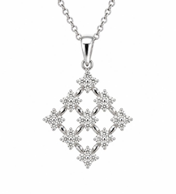 14K White Gold Natural Diamond Floral Lattice Pendant Necklace