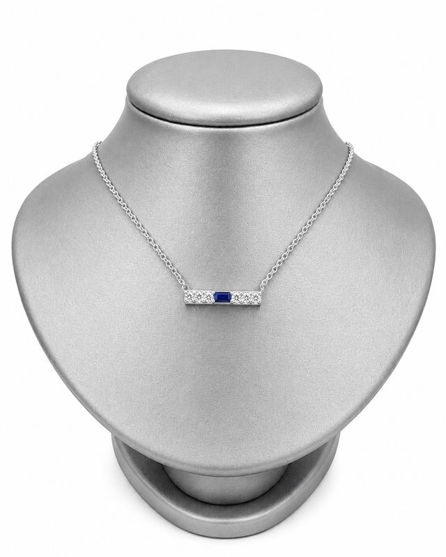 14K White Gold Natural Diamond & Sapphire Bar Necklace