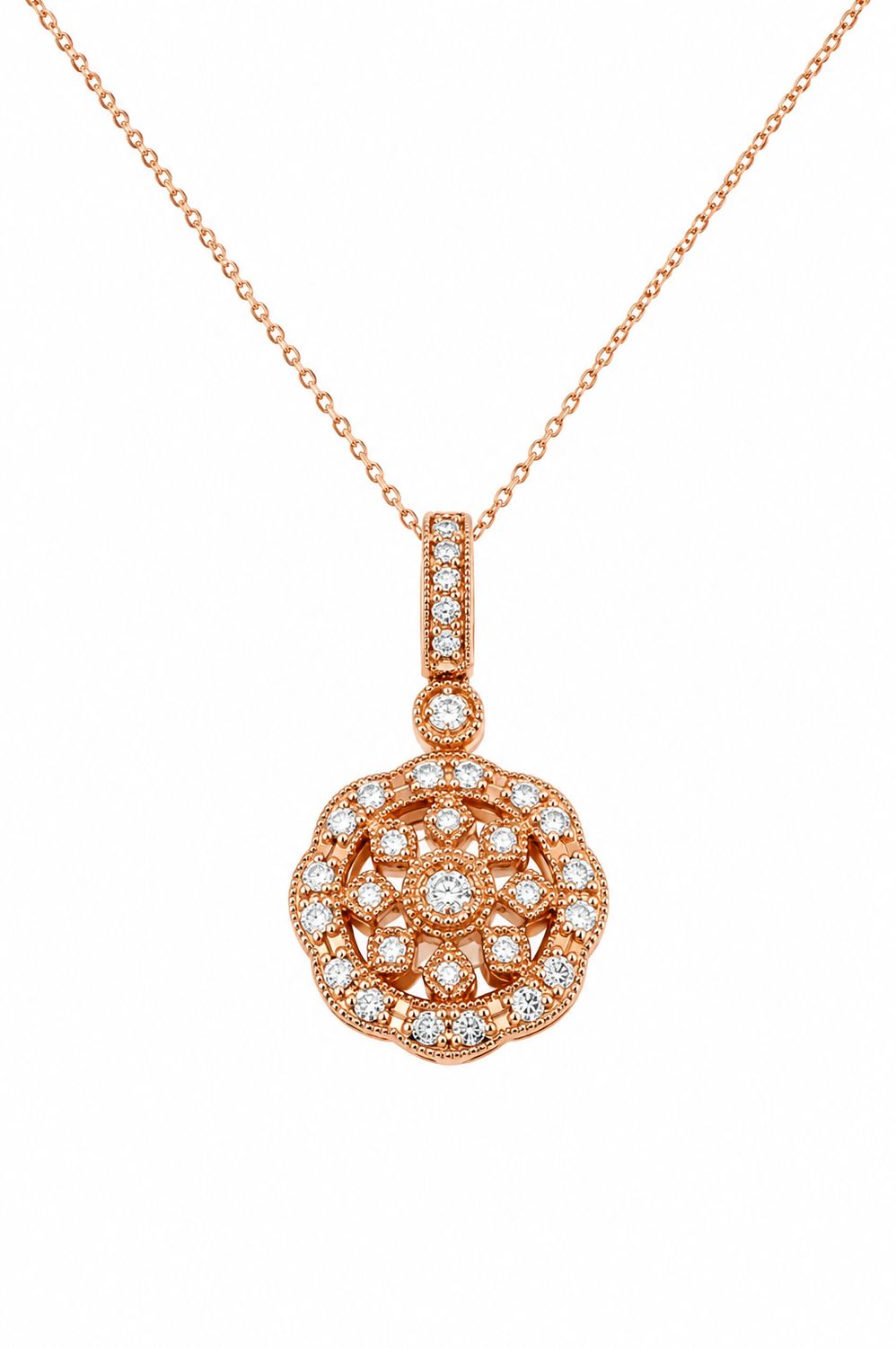 14K Rose Gold Natural Diamond Floral Vintage Pendant Necklace