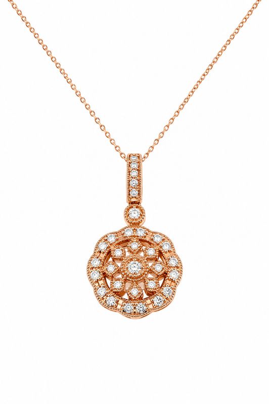 14K Rose Gold Natural Diamond Floral Vintage Pendant Necklace
