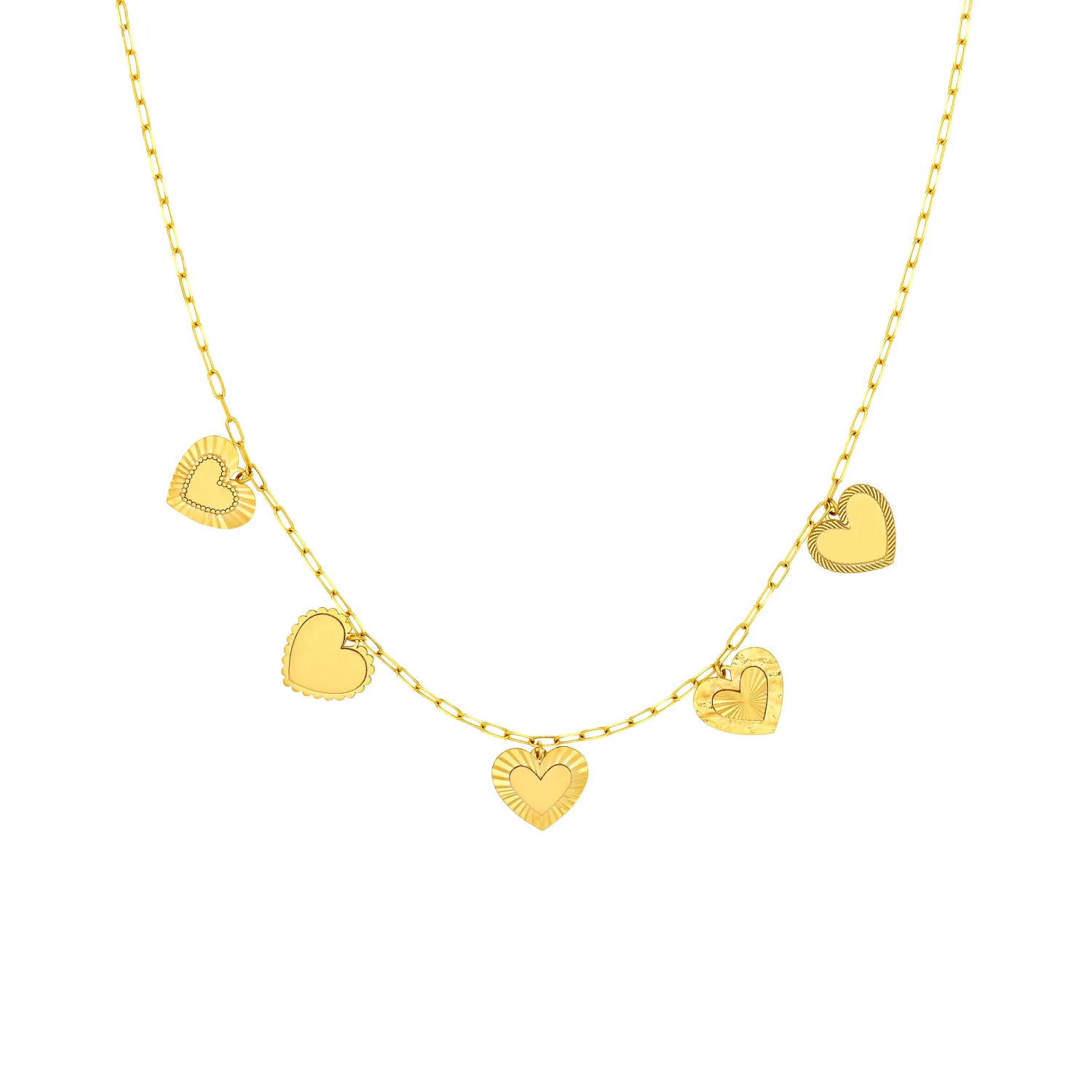 14K Yellow Gold Five Hearts Paperclip Necklace