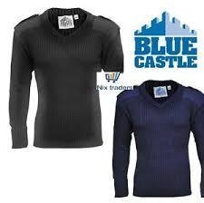New Blue Castle Military Wool Style V Neck Jumpers