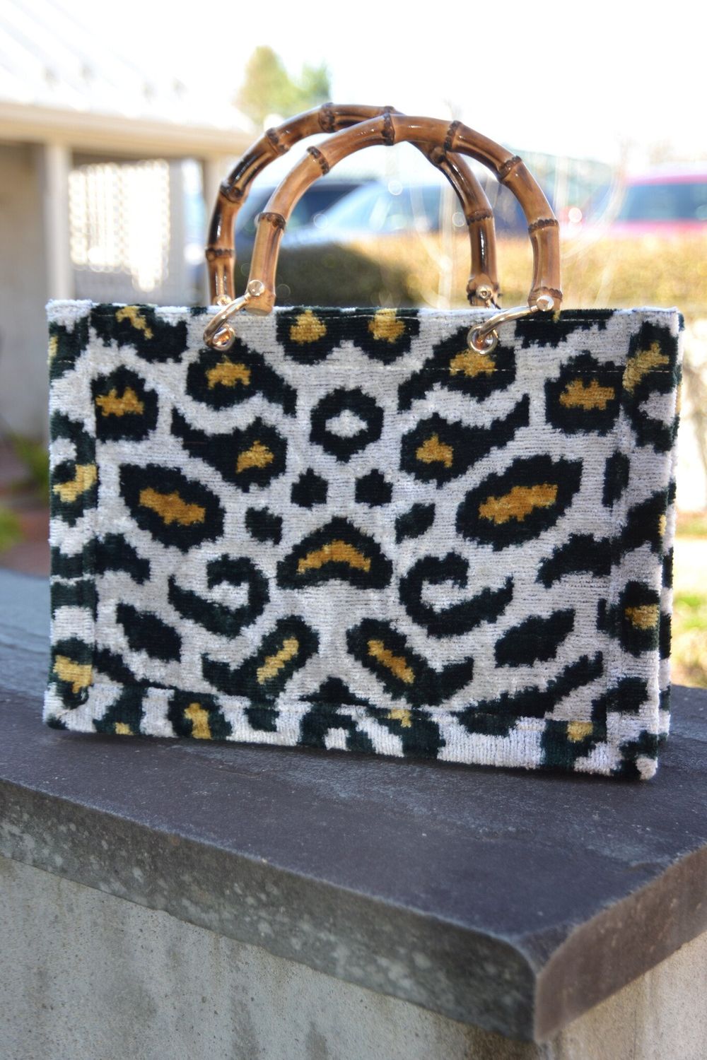 wolf &amp; willa Silk Velvet Small Tote Bamboo Handle LEOPARD