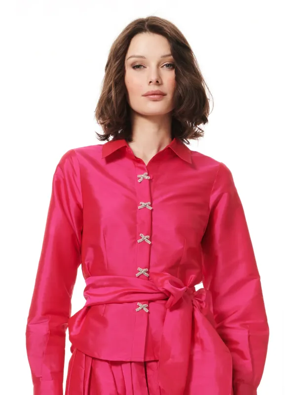 Emily Shalant Taffeta Puff Sleeve Blouse with Crystal Bow Buttons