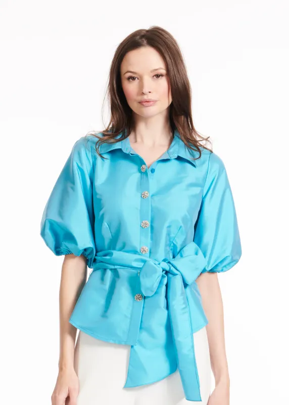 Emily Shalant Taffeta Puff Sleeve Blouse with Crystal Flower Buttons