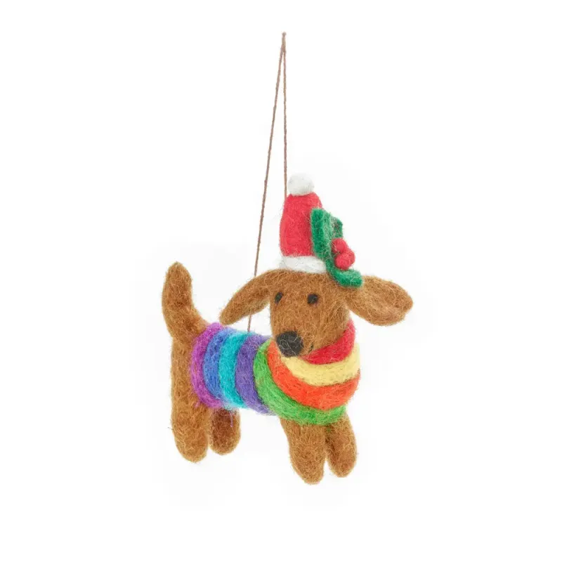 Handmade Felt Festive Rainbow Dog Xmas Decoration