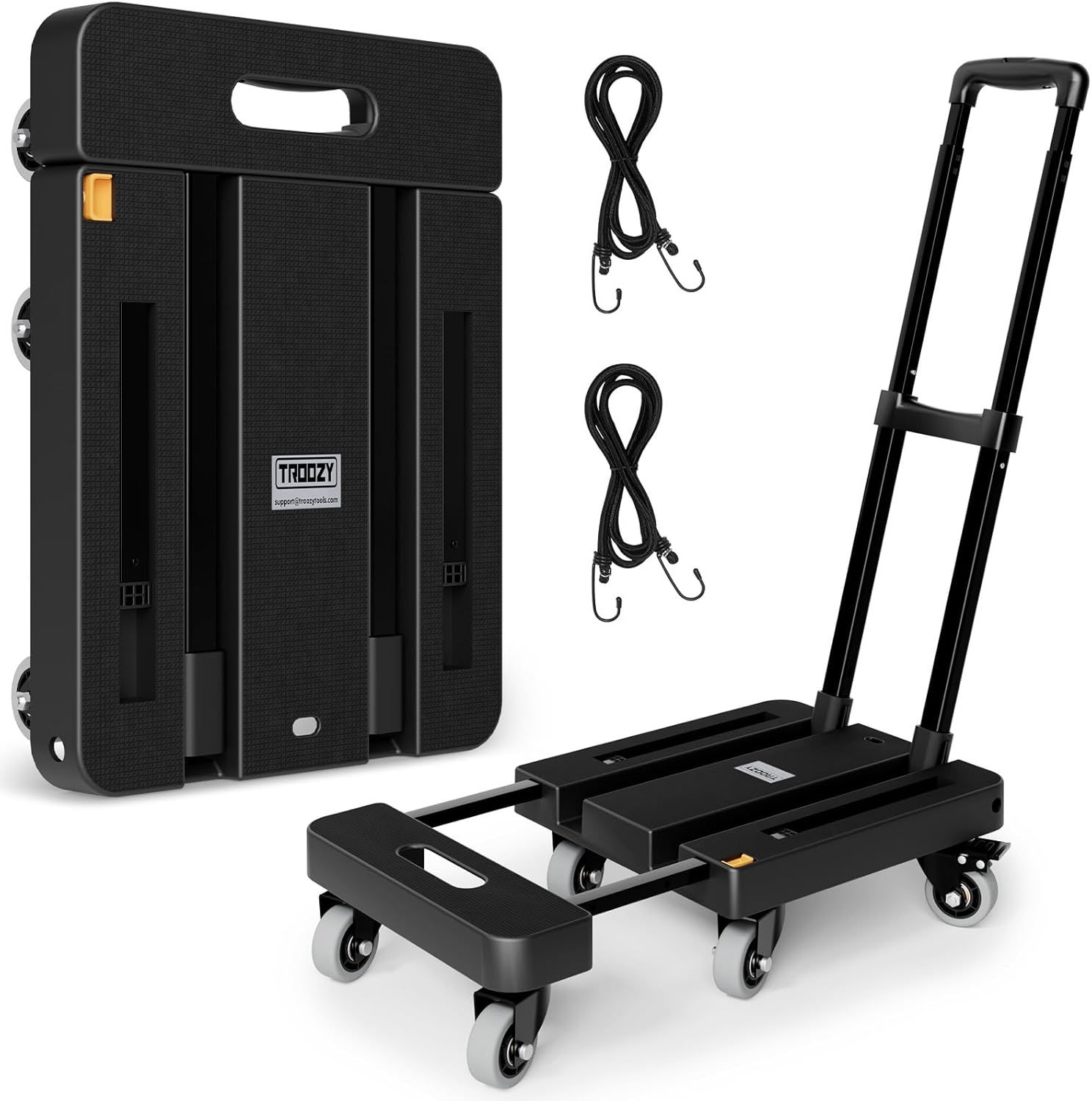 Folding Hand Truck, 500 LB Heavy Duty Luggage Cart, Utility Dolly Platform Cart with 6 Wheels &amp; 2 Elastic Ropes for Luggage, Travel, Moving, Shopping, Office Use, Black