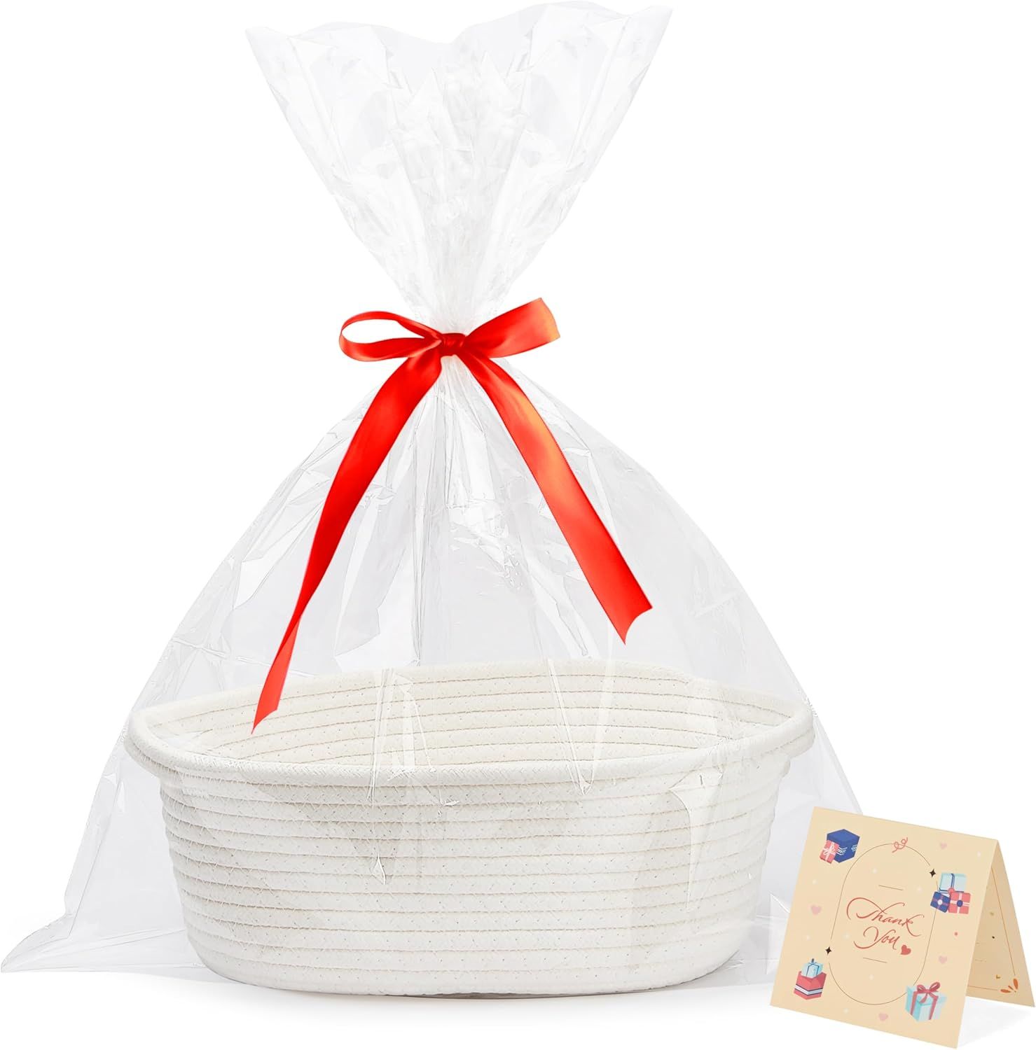Yeeeasy Small Woven Basket with Gift Bags and Ribbons Cute Baskets for Gifts Empty Small Rope Toy Basket for Babies White Basket for Storage