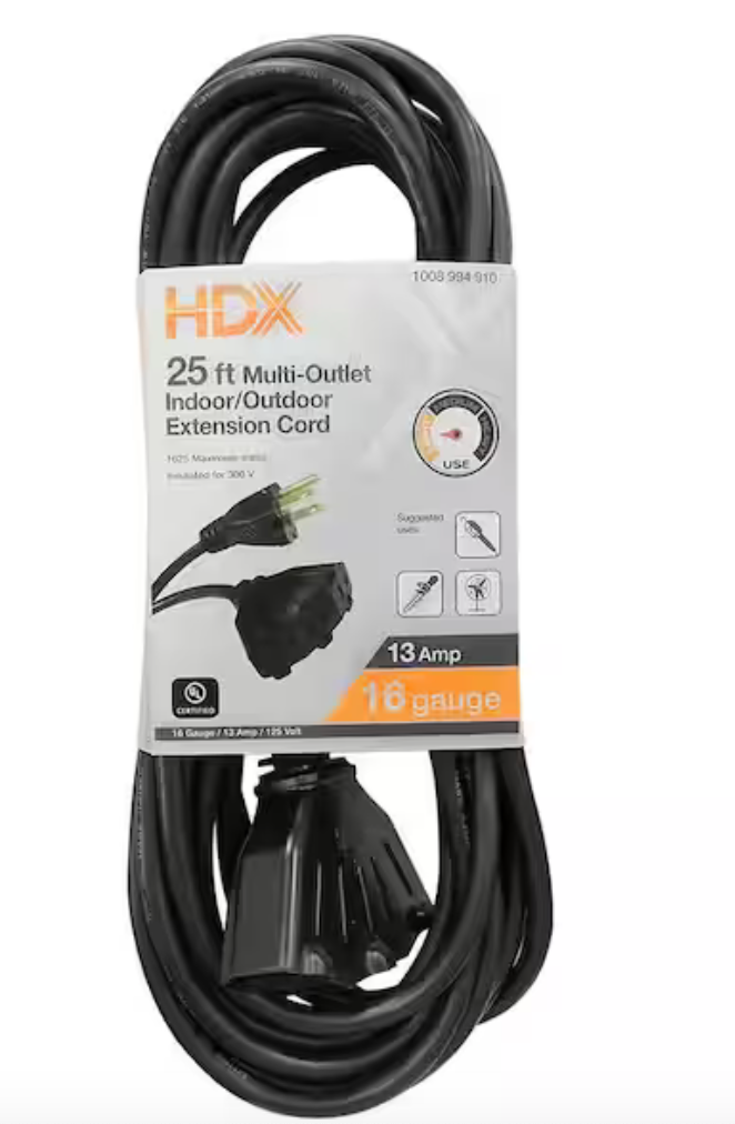25 ft. 16/3 Light Duty Indoor/Outdoor Extension Cord with Multiple Outlet Triple Tap End, Black