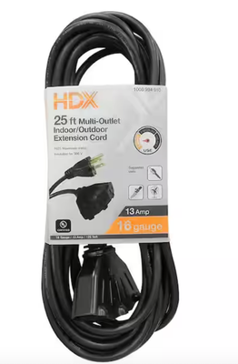 25 ft. 16/3 Light Duty Indoor/Outdoor Extension Cord with Multiple Outlet Triple Tap End, Black