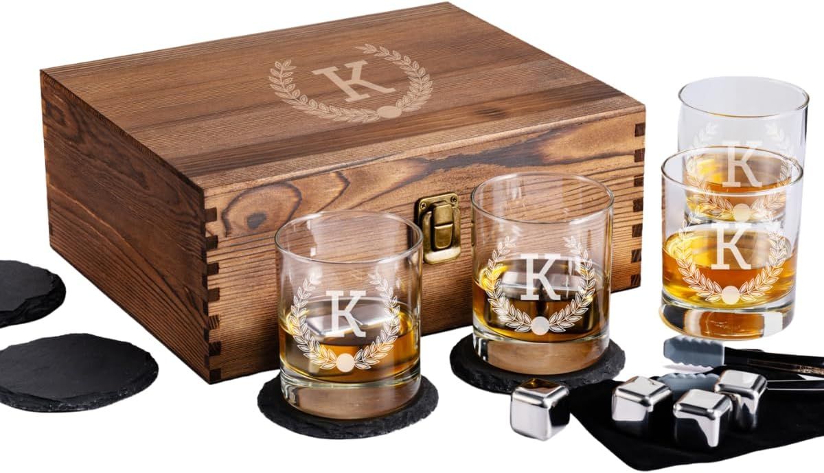 Froolu Customized Whiskey Gifts for Men - Personalized Scotch Glass Gift Set with Box