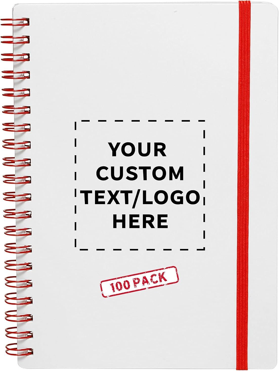 100 White Spiral Notebooks with Elastic Band Pack - Customizable Text, Logo
