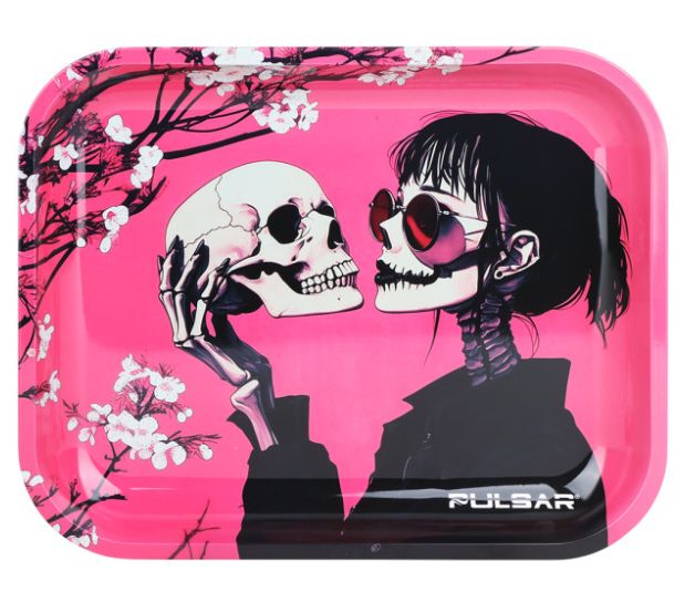 Pulsar Design Series Large Metal Rolling Tray - Sakura Skulls 13 x 11&quot;