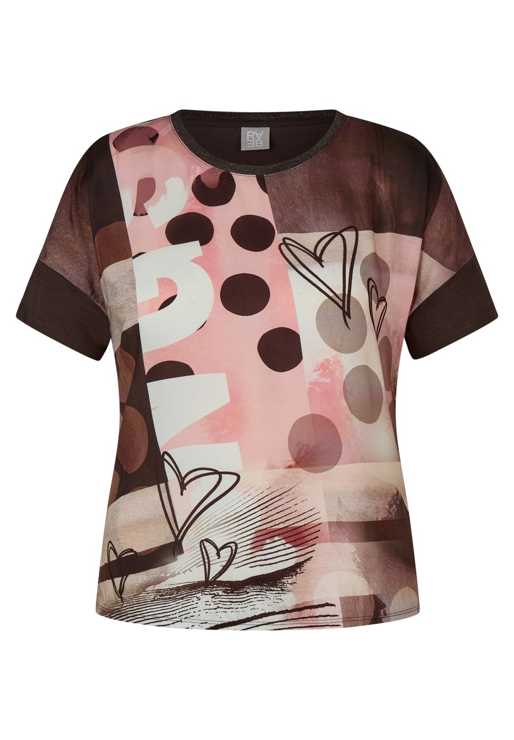 Rabe dames T-shirt met grafische print en hartjes in mokka