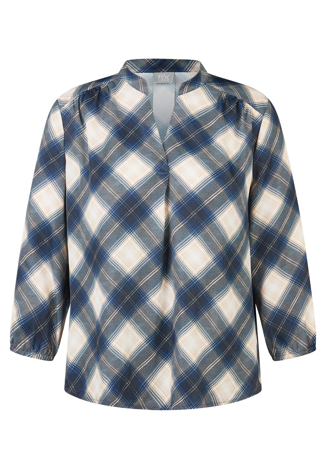 Rabe blouse met ruitdessin in blauw en zand – 113106