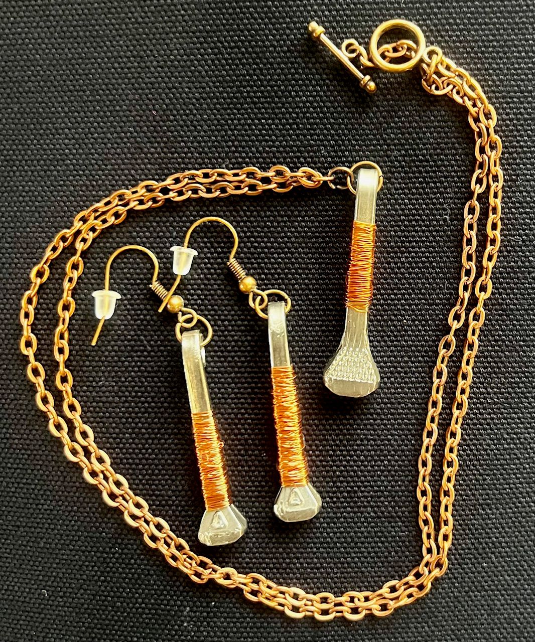Copper wrapped Horse Shoe Nail Earring and Pendant Set