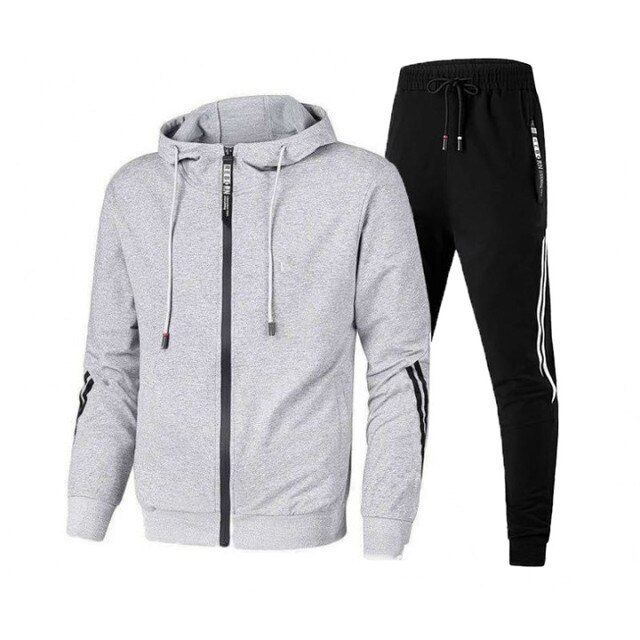 Men Hoodied Striped Tracksuit Grey+Black