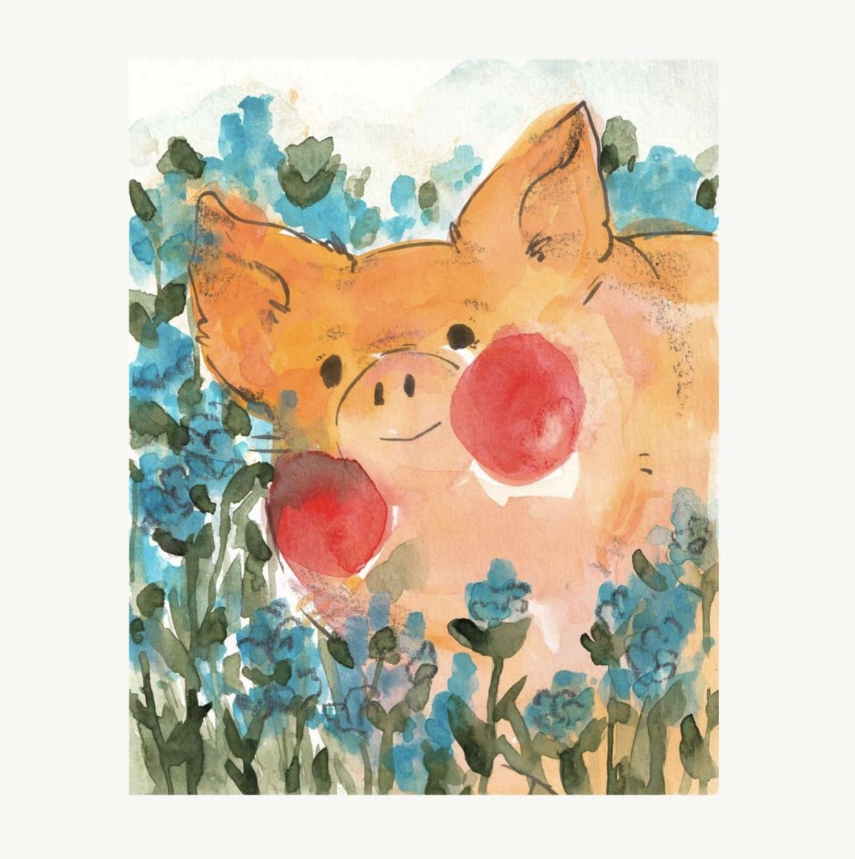 Print - &quot;Pig with Blue Flowers&quot;