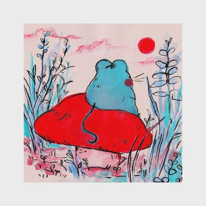 Print - &quot;Blue Mouse Thinking on a Mushroom&quot;