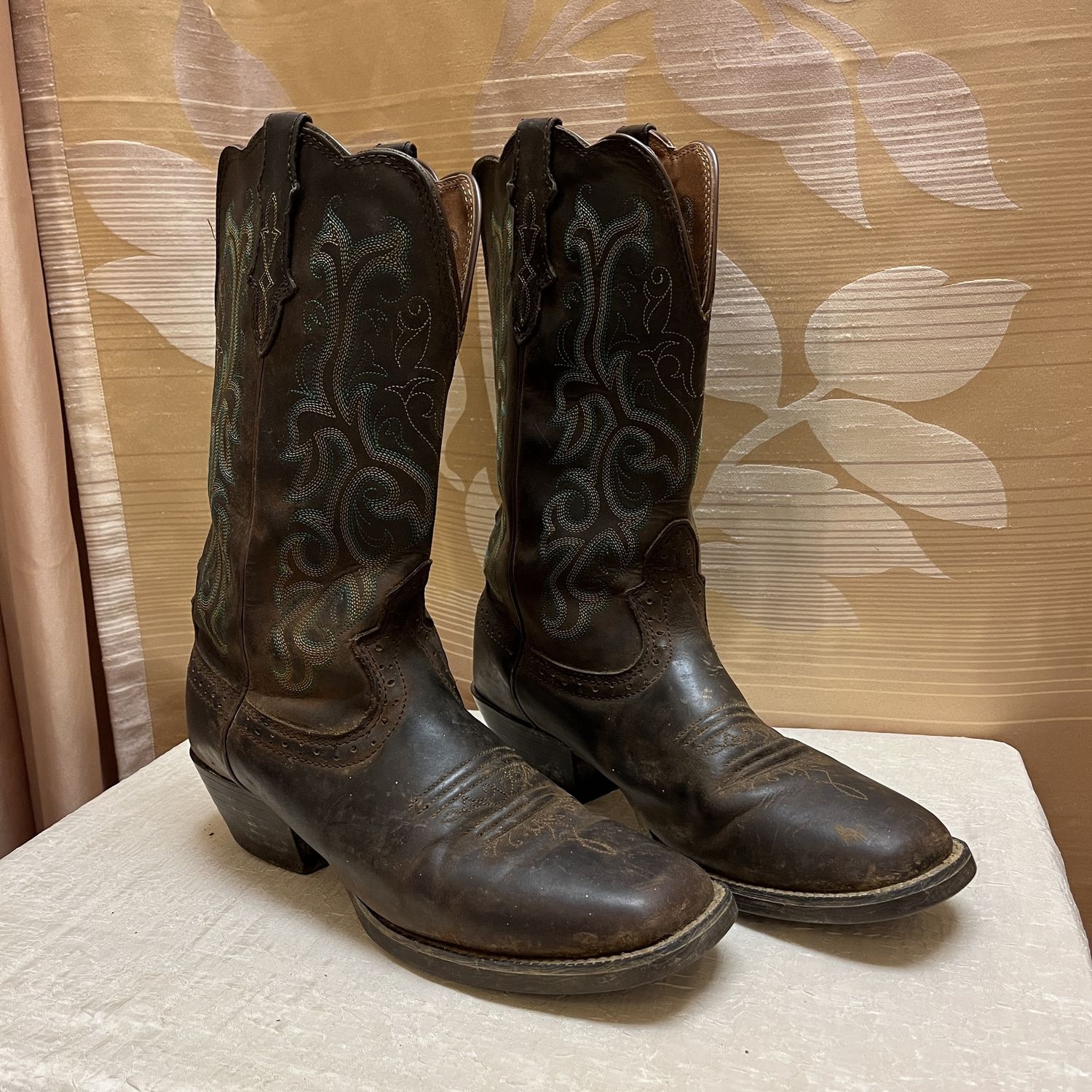 brown &amp; blue stitched cowboy boots