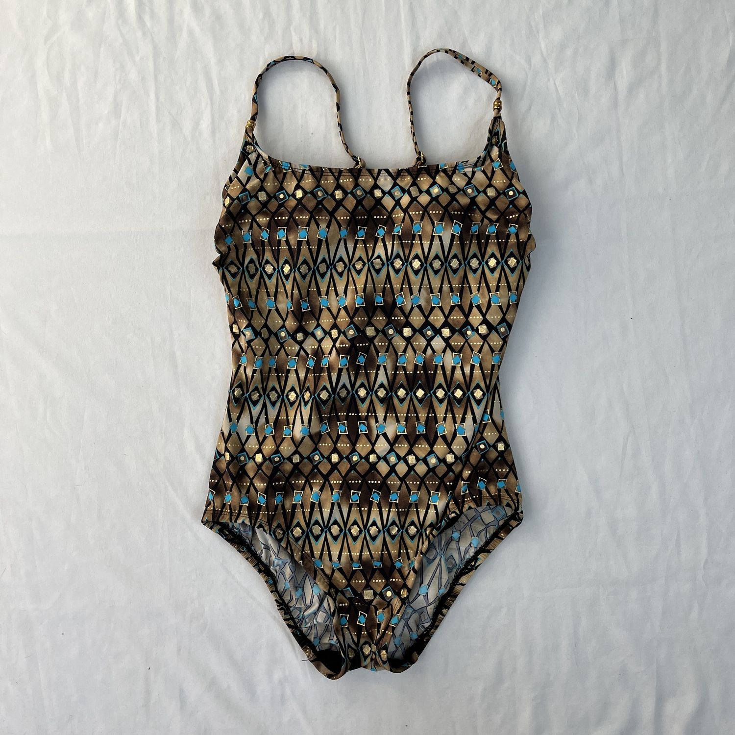 brown and blue one piece