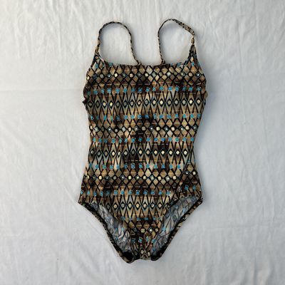 brown and blue one piece