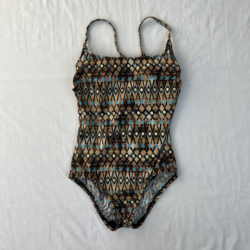 brown and blue one piece