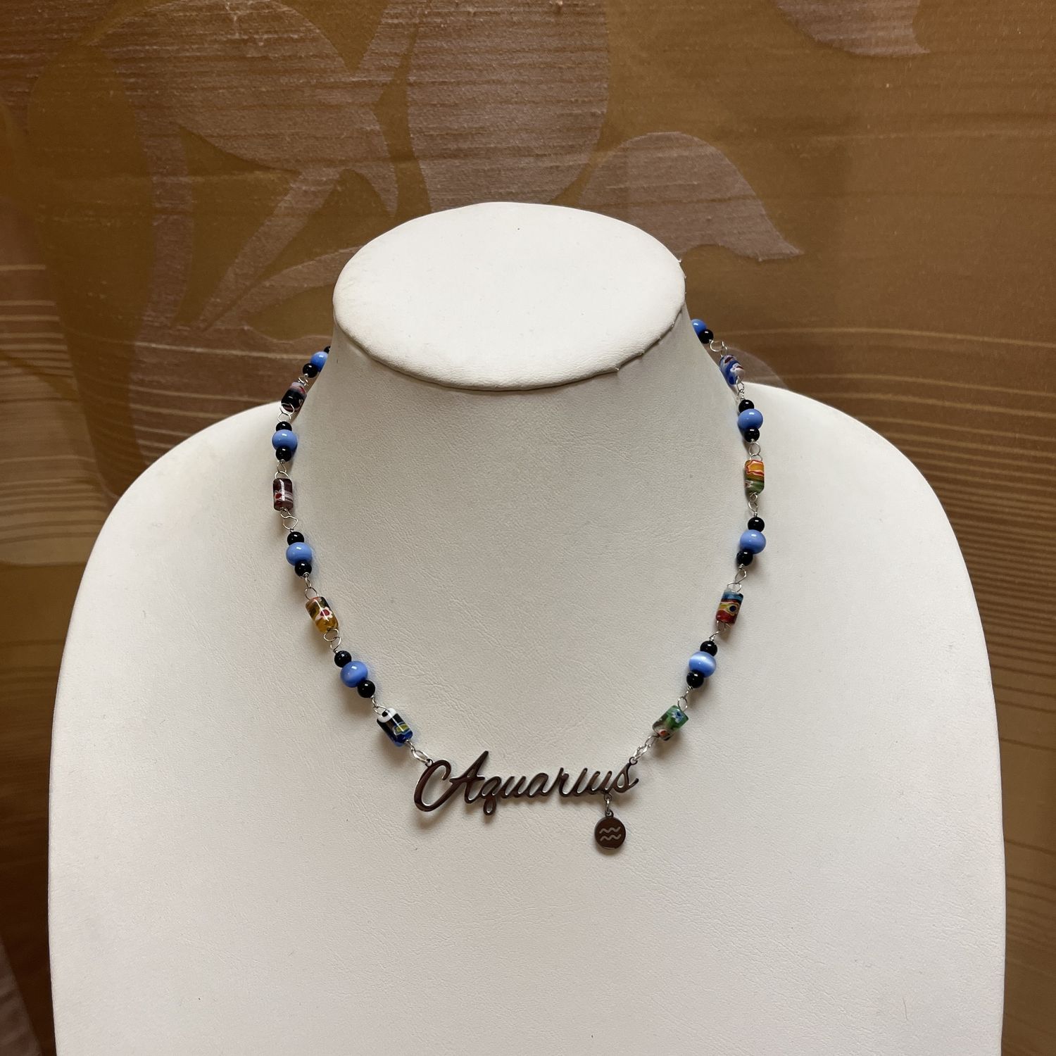 printed hand beaded Aquarius necklace