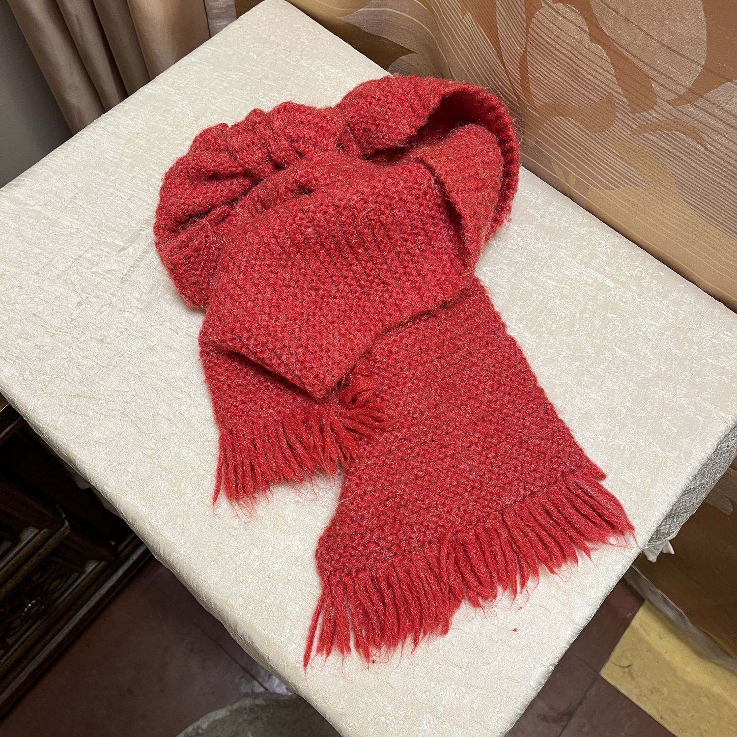 fuzzy red knit scarf